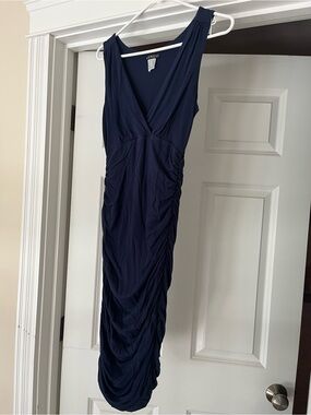 VENUS Navy Ruched V-Neck Midi Dress